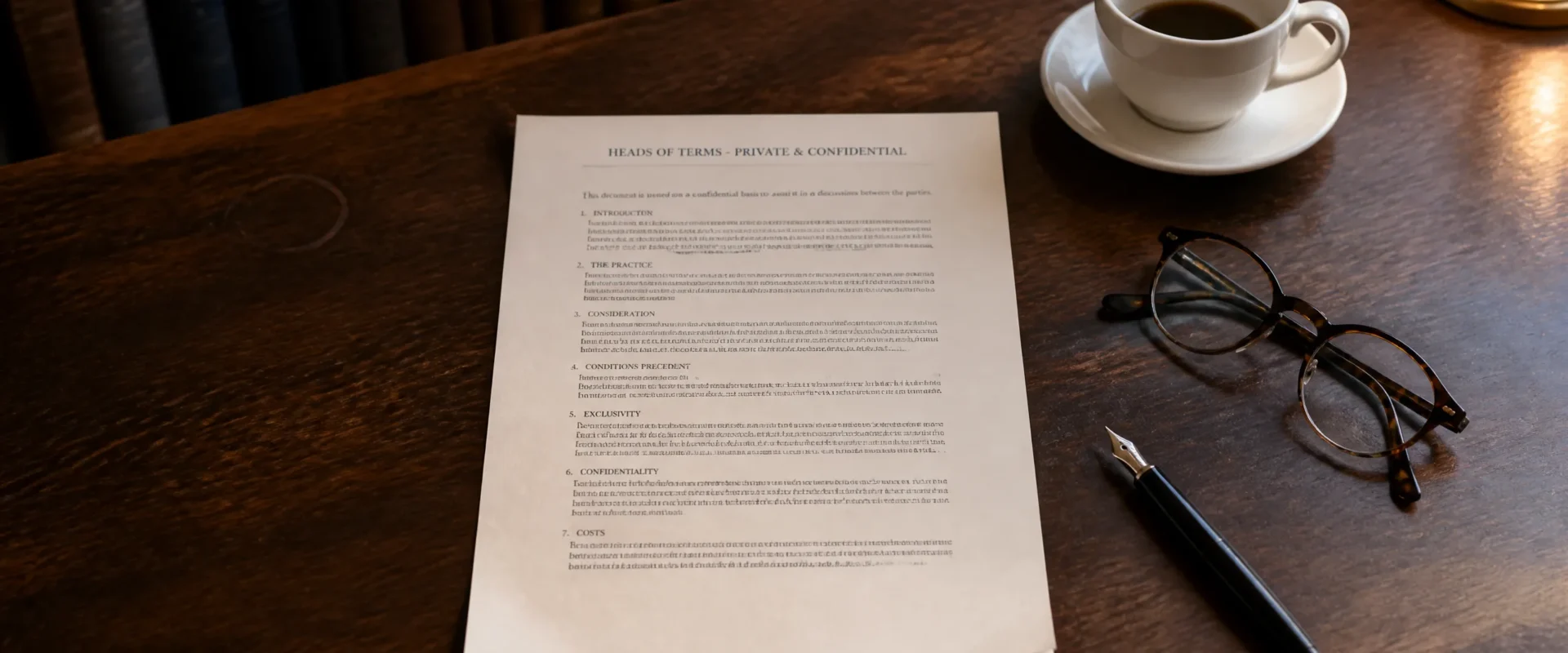 A single Heads of Terms document on a polished walnut desk beside a fountain pen, folded reading glasses, and a white coffee cup, in soft morning light typical of a Manchester chartered accountancy office.