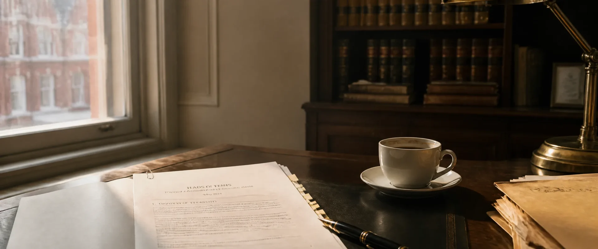 Heads of terms document and fountain pen on a Manchester office desk in morning light