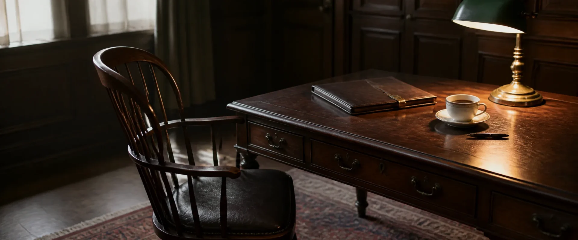 A single Windsor chair pulled back from an antique wooden writing desk in a wood-panelled chartered accountancy office, the desk bare except for a closed leather portfolio with a brass clasp, a half-finished cup of tea on a saucer, and a green-shaded brass desk lamp. Editorial still-life for an article on exit options for sole-practitioner accountants.