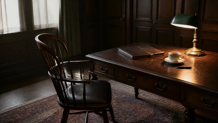 A single Windsor chair pulled back from an antique wooden writing desk in a wood-panelled chartered accountancy office, the desk bare except for a closed leather portfolio with a brass clasp, a half-finished cup of tea on a saucer, and a green-shaded brass desk lamp. Editorial still-life for an article on exit options for sole-practitioner accountants.