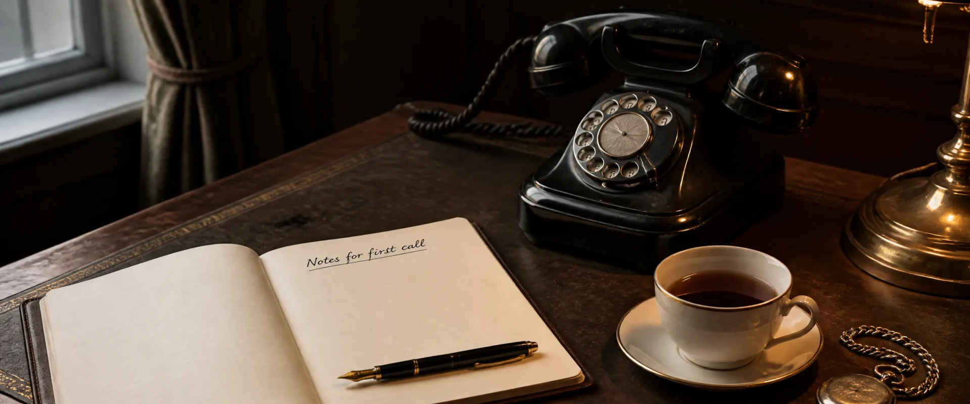 An antique black bakelite rotary telephone receiver lifted from its cradle and resting on its side on a leather-topped writing desk, beside a leather-bound notebook open to a blank page, a fountain pen poised at an angle just above the page, a face-down silver pocket watch, and a porcelain coffee cup with a thin gold rim. Editorial still-life for the first-call preparation guide.