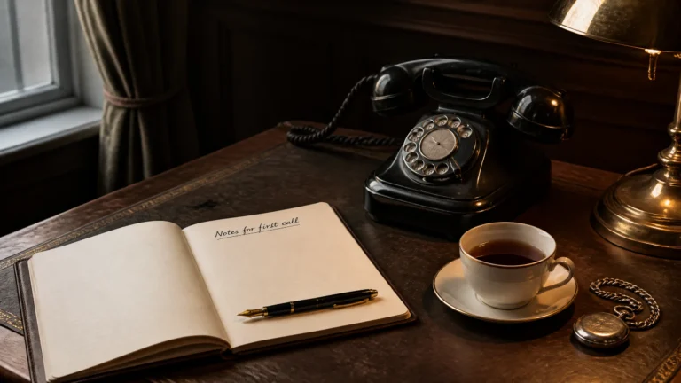 An antique black bakelite rotary telephone receiver lifted from its cradle and resting on its side on a leather-topped writing desk, beside a leather-bound notebook open to a blank page, a fountain pen poised at an angle just above the page, a face-down silver pocket watch, and a porcelain coffee cup with a thin gold rim. Editorial still-life for the first-call preparation guide.