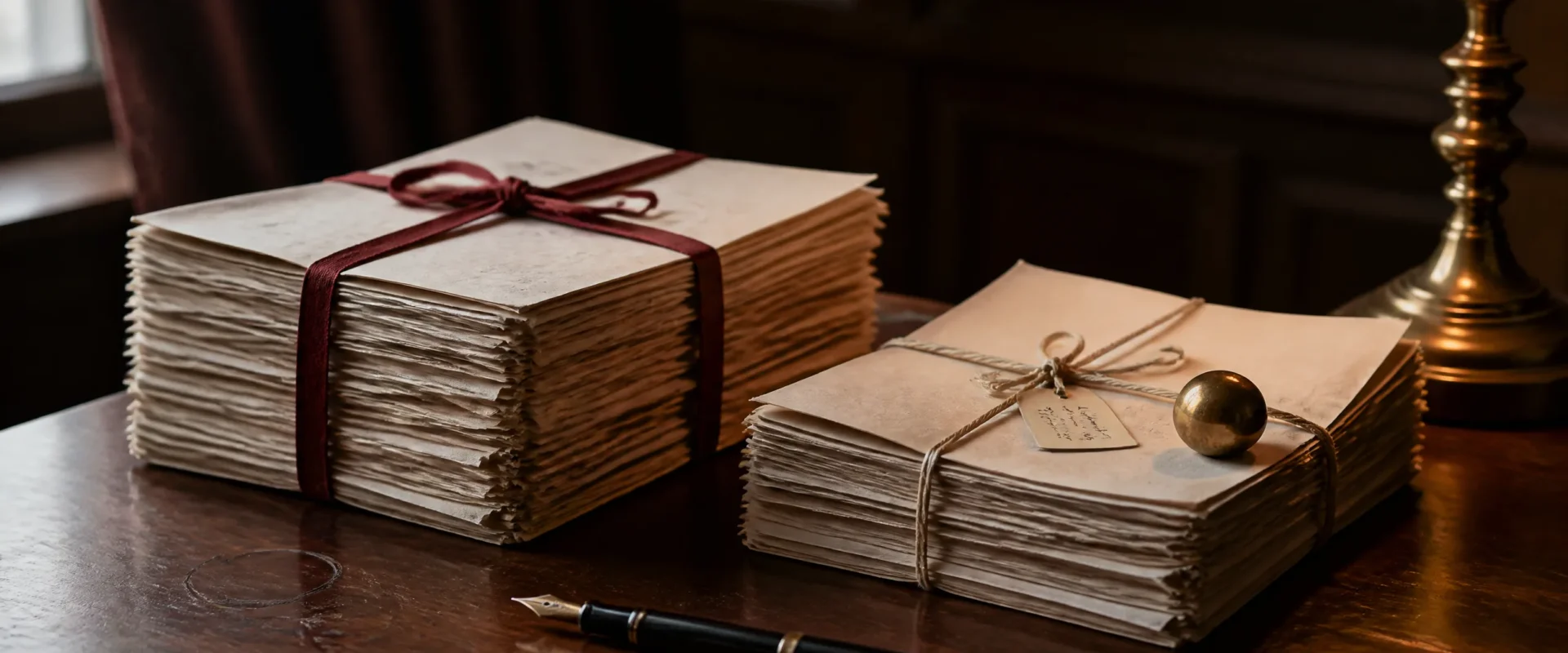Two parallel stacks of folded paper files on a dark mahogany desk, the taller stack tied with deep red cotton ribbon and the shorter with cream raffia twine, with a small brass spherical paperweight on the shorter stack and a fountain pen lying parallel to the desk edge. Editorial still-life for an article on goodwill versus recurring fees in UK accountancy practice valuations.