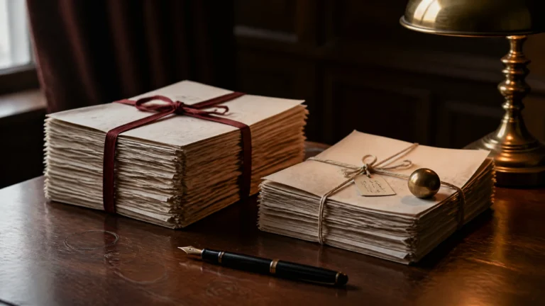 Two parallel stacks of folded paper files on a dark mahogany desk, the taller stack tied with deep red cotton ribbon and the shorter with cream raffia twine, with a small brass spherical paperweight on the shorter stack and a fountain pen lying parallel to the desk edge. Editorial still-life for an article on goodwill versus recurring fees in UK accountancy practice valuations.