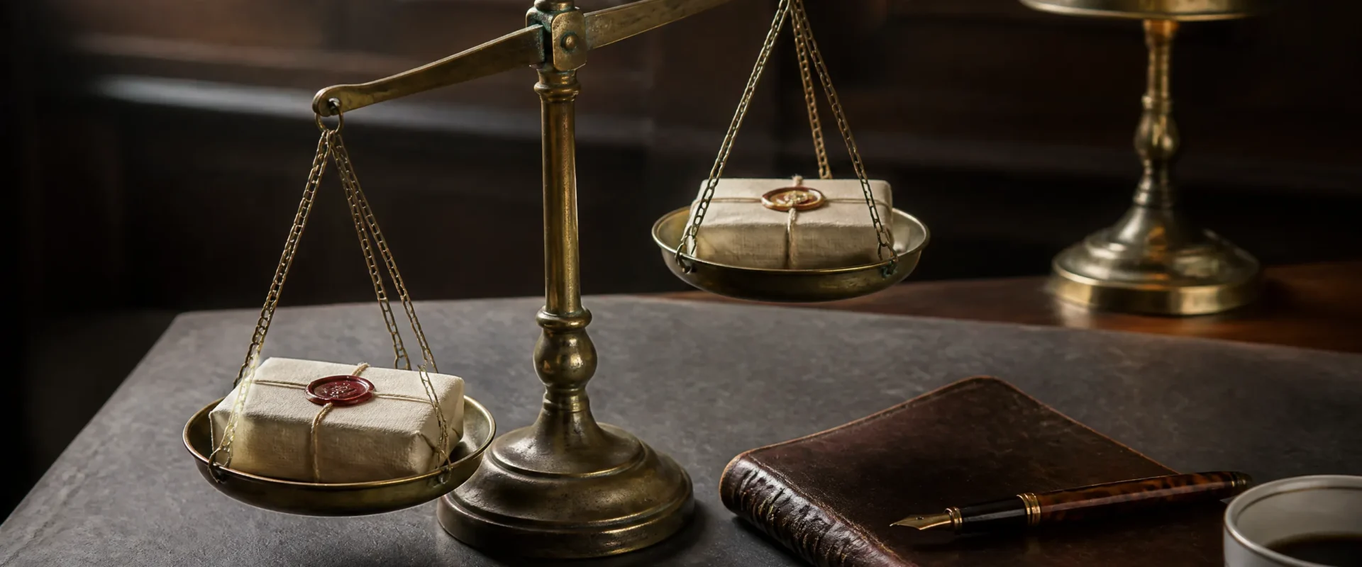Antique brass equal-arm balance scale resting on a slate-grey desk in a chartered accountancy office, weighing two cream-paper parcels closed with deep red wax seals, beside a worn leather notebook and tortoiseshell fountain pen. Editorial still-life for an article on UK accountancy practice GRF multiples.