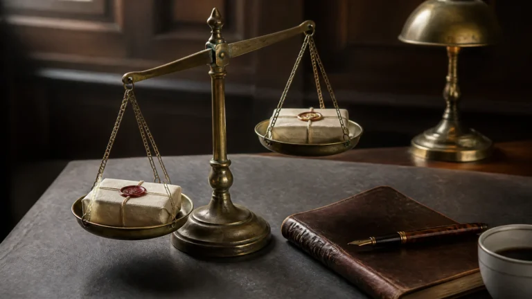 Antique brass equal-arm balance scale resting on a slate-grey desk in a chartered accountancy office, weighing two cream-paper parcels closed with deep red wax seals, beside a worn leather notebook and tortoiseshell fountain pen. Editorial still-life for an article on UK accountancy practice GRF multiples.