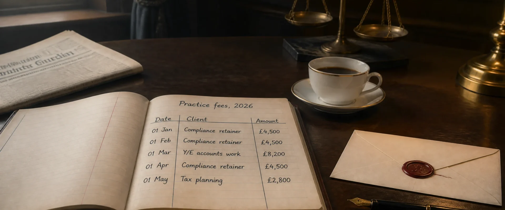 A wider establishing tableau on a dark mahogany desk in a 1920s-era chartered accountancy office: a leather-bound business ledger half-open in the foreground showing handwritten columns, a cream-paper envelope sealed with a deep red wax stamp resting beside it, an antique brass equal-arm balance scale visible in the upper-right background and softly out of focus, a fountain pen, a porcelain coffee cup, and a folded broadsheet newspaper. Editorial still-life for the illustrative end-to-end acquisition walkthrough.