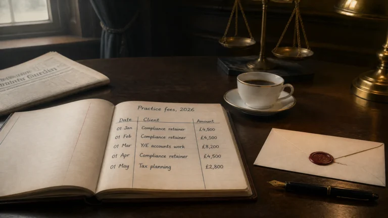 A wider establishing tableau on a dark mahogany desk in a 1920s-era chartered accountancy office: a leather-bound business ledger half-open in the foreground showing handwritten columns, a cream-paper envelope sealed with a deep red wax stamp resting beside it, an antique brass equal-arm balance scale visible in the upper-right background and softly out of focus, a fountain pen, a porcelain coffee cup, and a folded broadsheet newspaper. Editorial still-life for the illustrative end-to-end acquisition walkthrough.