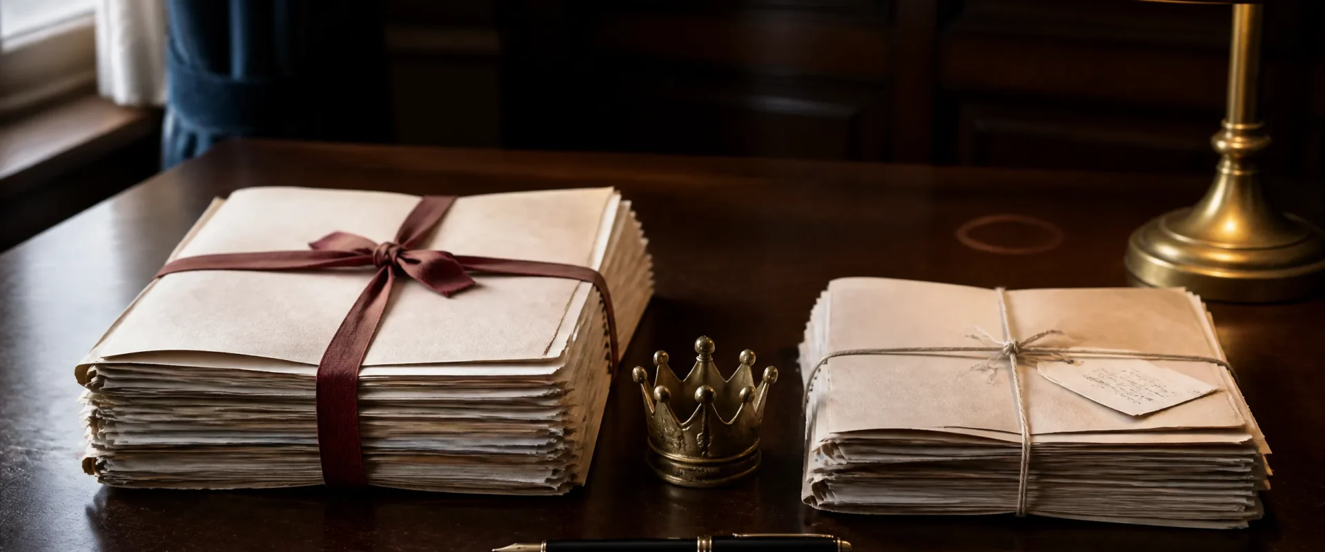 Two parallel stacks of paper-bound files on a dark mahogany desk: the left tied with deep red barristers ribbon, the right with cream cotton twine and a small handwritten paper tag, with a small brass crown paperweight resting between them. Editorial still-life for an article comparing private-equity-platform versus direct trade-buyer accountancy practice acquisitions.