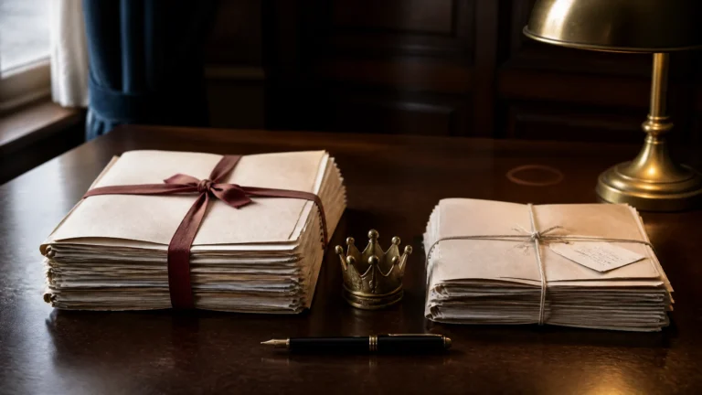 Two parallel stacks of paper-bound files on a dark mahogany desk: the left tied with deep red barristers ribbon, the right with cream cotton twine and a small handwritten paper tag, with a small brass crown paperweight resting between them. Editorial still-life for an article comparing private-equity-platform versus direct trade-buyer accountancy practice acquisitions.