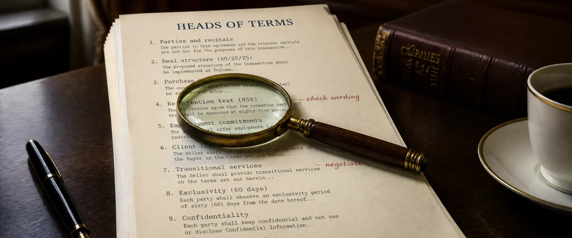 A thick folded legal document lying on a dark mahogany desk with dense paragraphs of typed text and handwritten margin annotations in red and blue ink, a small antique brass-handled magnifying glass resting on one paragraph, a black fountain pen poised just above the paper, a leather-bound book in soft focus to the right, and a porcelain coffee cup. Editorial still-life for the clause-by-clause Heads of Terms decoder guide.