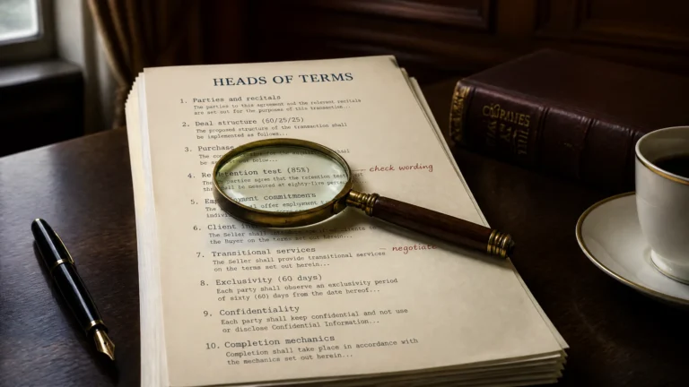 A thick folded legal document lying on a dark mahogany desk with dense paragraphs of typed text and handwritten margin annotations in red and blue ink, a small antique brass-handled magnifying glass resting on one paragraph, a black fountain pen poised just above the paper, a leather-bound book in soft focus to the right, and a porcelain coffee cup. Editorial still-life for the clause-by-clause Heads of Terms decoder guide.