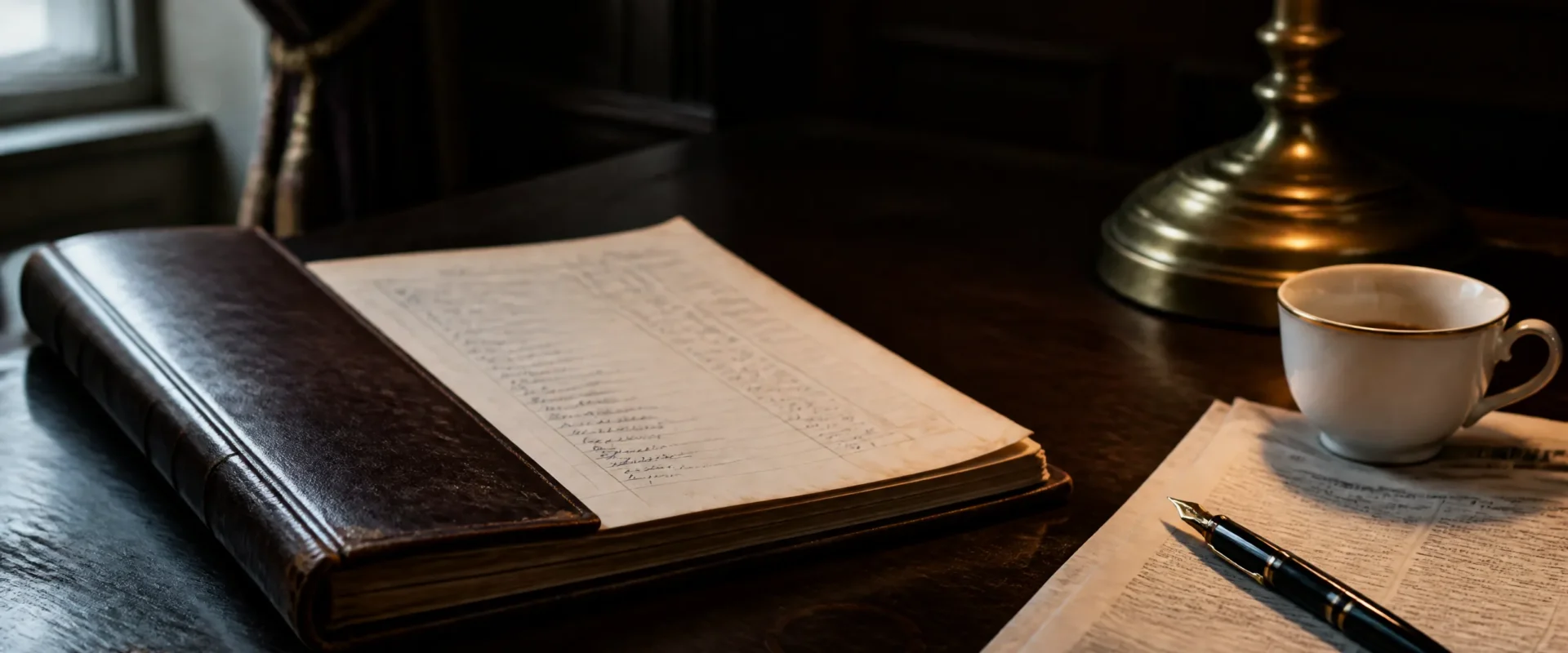 Editorial still-life for an article on selling an accountancy practice in the UK. A leather-bound business ledger lying half-open on a dark mahogany desk in a 1920s-era chartered accountancy office, beside a fountain pen, a folded broadsheet newspaper, and a porcelain coffee cup with a thin gold rim, lit by a warm brass desk lamp from upper right.