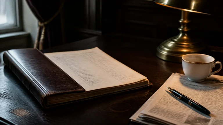 Editorial still-life for an article on selling an accountancy practice in the UK. A leather-bound business ledger lying half-open on a dark mahogany desk in a 1920s-era chartered accountancy office, beside a fountain pen, a folded broadsheet newspaper, and a porcelain coffee cup with a thin gold rim, lit by a warm brass desk lamp from upper right.