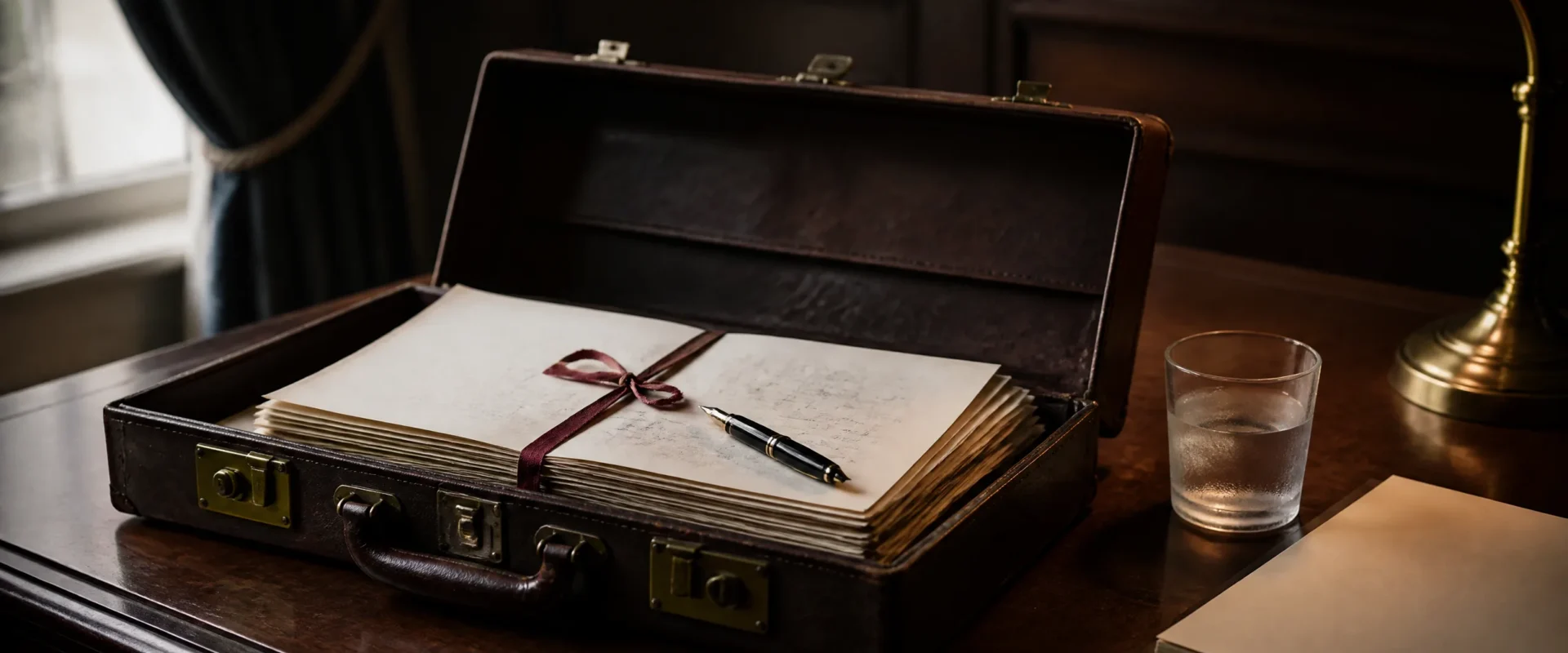 A leather barristers brief case lying open on a dark mahogany desk with deep brown patina and slightly tarnished brass clasps, the case containing a stack of legal documents tied with deep red barristers ribbon (the traditional pink tape), with a black fountain pen resting on top and a glass tumbler of water and a cream notepad beside. Editorial still-life for the guide to briefing your solicitor on a practice sale.