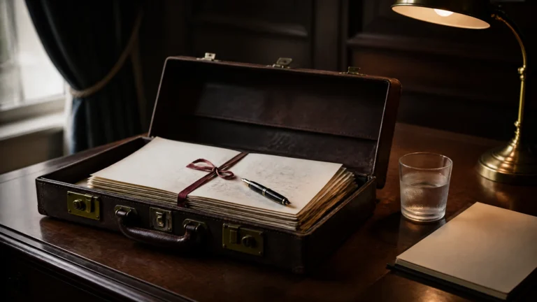 A leather barristers brief case lying open on a dark mahogany desk with deep brown patina and slightly tarnished brass clasps, the case containing a stack of legal documents tied with deep red barristers ribbon (the traditional pink tape), with a black fountain pen resting on top and a glass tumbler of water and a cream notepad beside. Editorial still-life for the guide to briefing your solicitor on a practice sale.