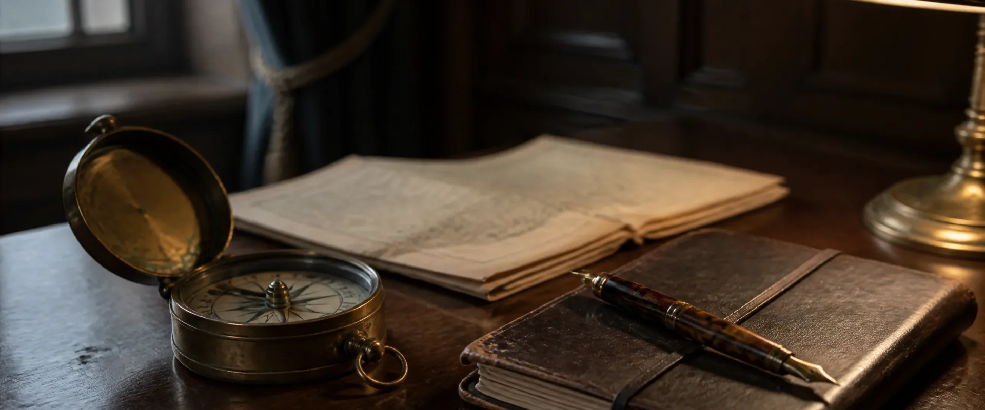 An antique brass mariners compass with worn brass casing and verdigris at the joints, sitting on a dark mahogany desk in a chartered accountancy office, beside a folded leather-bound notebook with a tortoiseshell fountain pen lying across it and a folded paper map with worn fold-creases. Editorial still-life for the cornerstone guide to succession planning for retiring UK chartered accountants.