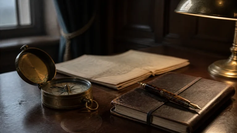 An antique brass mariners compass with worn brass casing and verdigris at the joints, sitting on a dark mahogany desk in a chartered accountancy office, beside a folded leather-bound notebook with a tortoiseshell fountain pen lying across it and a folded paper map with worn fold-creases. Editorial still-life for the cornerstone guide to succession planning for retiring UK chartered accountants.
