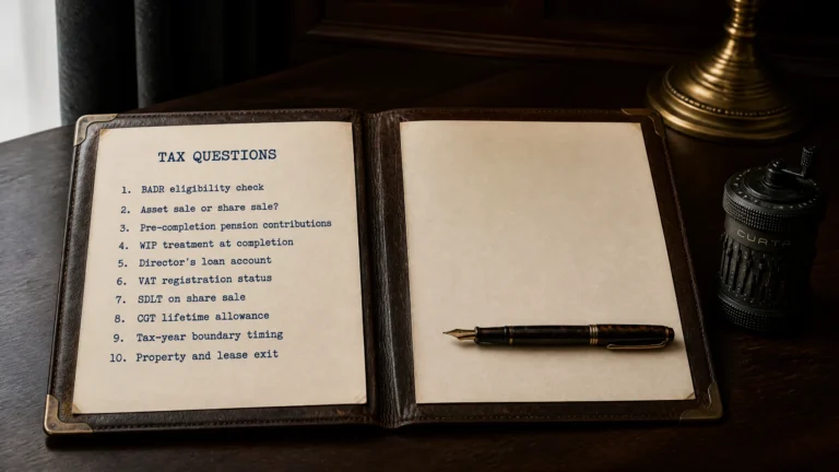 A leather portfolio folder lying open on a dark mahogany desk showing a typed numbered list of questions on the left page, with a slim tortoiseshell-pattern fountain pen lying diagonally across the right page and an antique mechanical Curta calculator with worn knurled metal grip beside it. Editorial still-life for the guide to tax structuring questions for your independent adviser.
