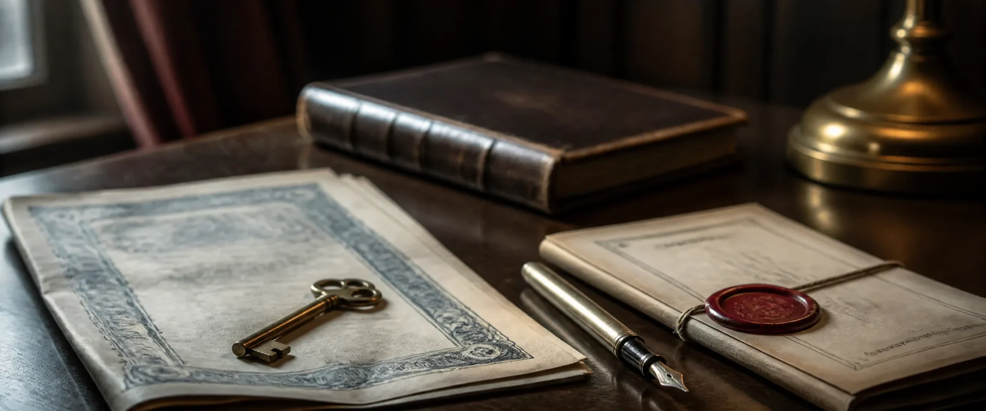 A small antique bronze key with a worn shaft resting on a folded share certificate with engraved guilloche border, beside a silver fountain pen and a folded compliance document closed with a deep red wax seal on a dark mahogany desk. Editorial still-life for an article on tax-efficient structures for a UK accountancy practice sale.