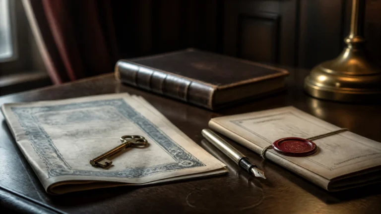 A small antique bronze key with a worn shaft resting on a folded share certificate with engraved guilloche border, beside a silver fountain pen and a folded compliance document closed with a deep red wax seal on a dark mahogany desk. Editorial still-life for an article on tax-efficient structures for a UK accountancy practice sale.