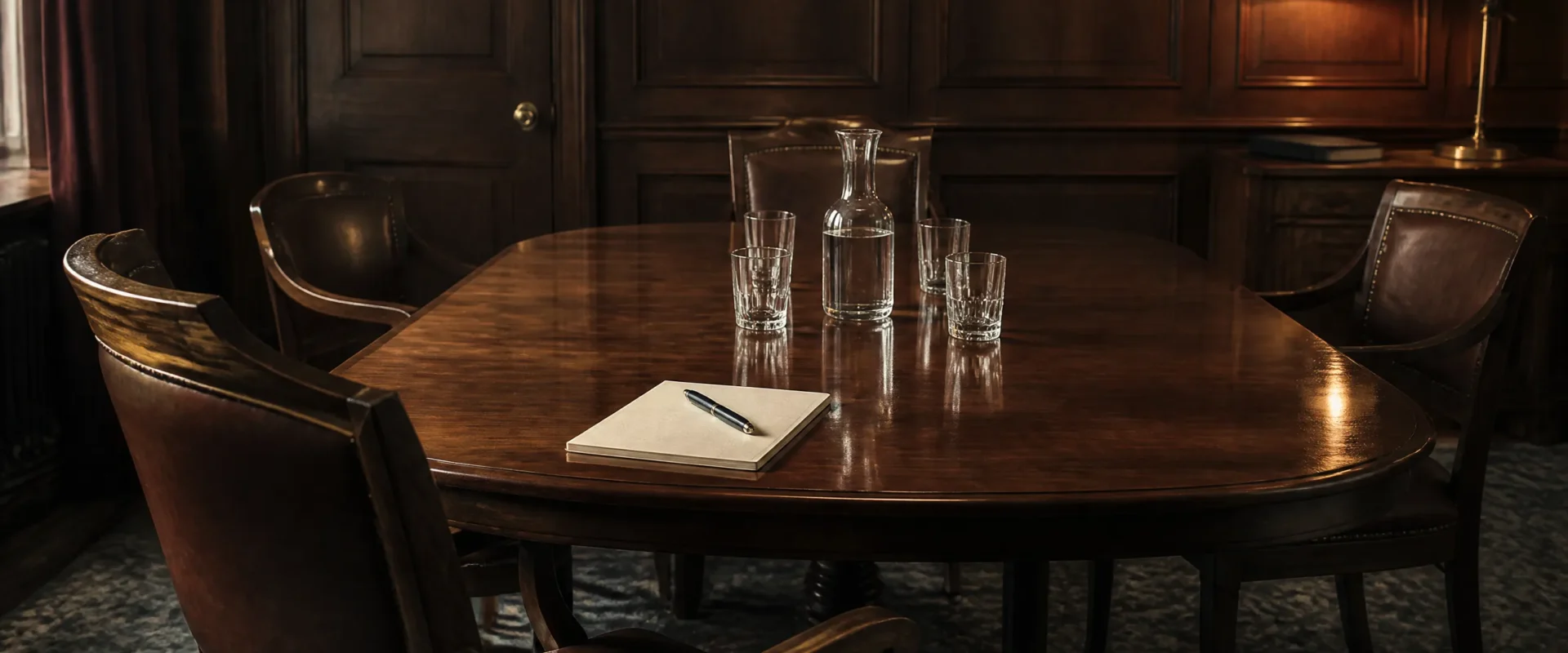 An empty wood-panelled meeting room viewed from one end of a polished oak table, with four wooden chairs with brown leather seats arranged around the table, a glass water carafe and four matching tumblers in the centre, and a single cream notepad with fountain pen at the head chair which is pulled back at an angle. Editorial still-life for the guide to communicating a practice sale to your team.