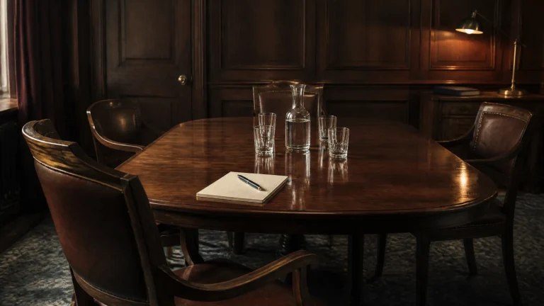 An empty wood-panelled meeting room viewed from one end of a polished oak table, with four wooden chairs with brown leather seats arranged around the table, a glass water carafe and four matching tumblers in the centre, and a single cream notepad with fountain pen at the head chair which is pulled back at an angle. Editorial still-life for the guide to communicating a practice sale to your team.