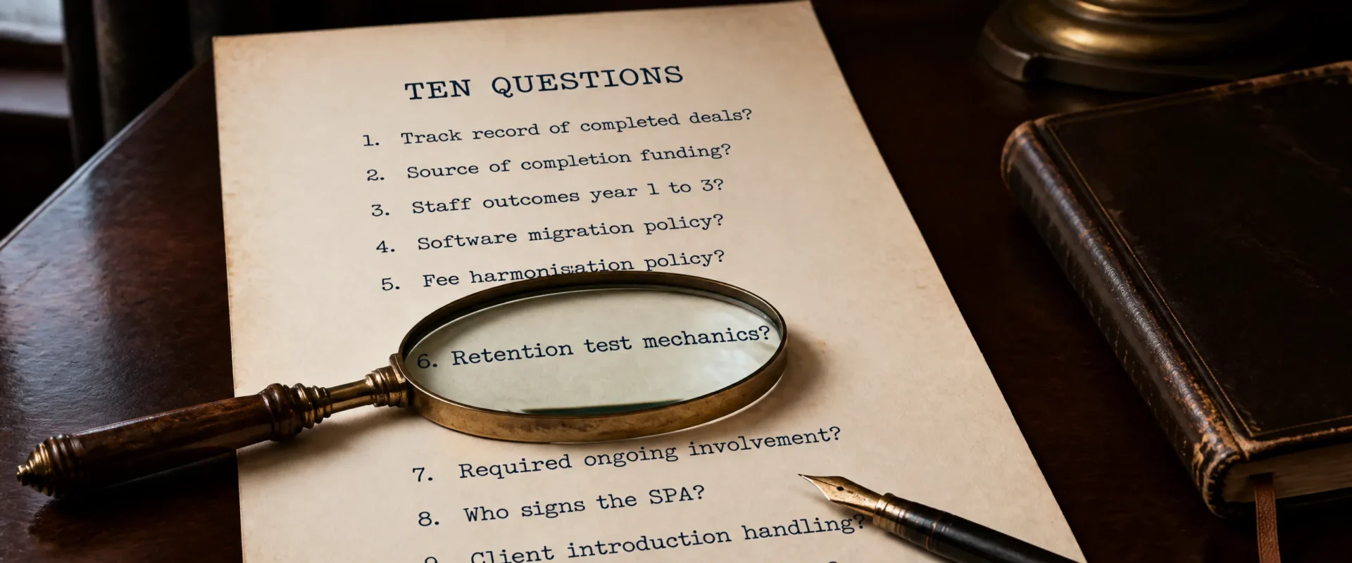 A printed numbered list on cream-coloured aged paper resting on a dark mahogany desk, with a small antique brass-handled magnifying glass resting on top of the page partially covering one numbered entry, a black fountain pen lying diagonally across the lower edge, and a leather-bound notebook to the right. Editorial still-life for the buyer-screening ten-question checklist guide.