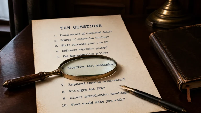 A printed numbered list on cream-coloured aged paper resting on a dark mahogany desk, with a small antique brass-handled magnifying glass resting on top of the page partially covering one numbered entry, a black fountain pen lying diagonally across the lower edge, and a leather-bound notebook to the right. Editorial still-life for the buyer-screening ten-question checklist guide.