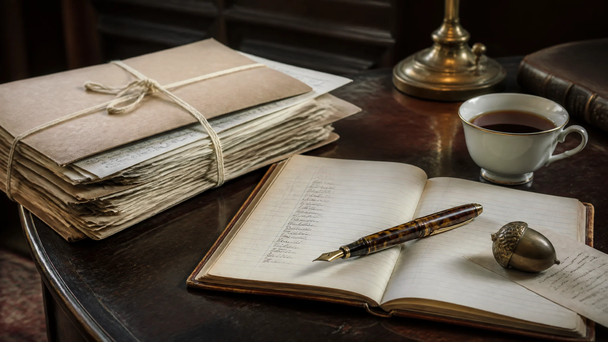 A still-life on a dark mahogany desk: a substantial stack of client correspondence tied with cream cotton twine, a leather-bound client index book lying open with handwritten surnames in fountain-pen ink, a tortoiseshell fountain pen lying across the page, a small brass acorn paperweight pinning a stray letter, and a porcelain coffee cup with a thin gold rim.