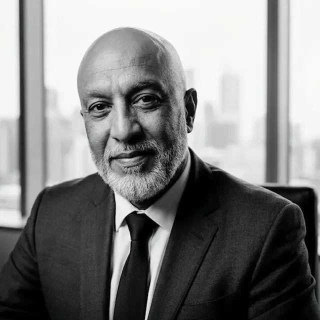 Black-and-white editorial portrait of Umar Memon, Managing Partner of Jack Ross Chartered Accountants, head and shoulders in a dark suit and tie against a soft Manchester skyline.